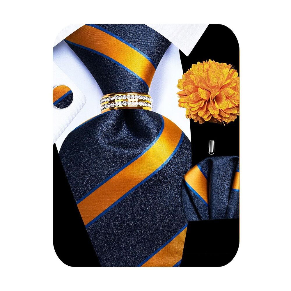 7344 5PCS Silk Gold Striped Tie, Pocket Square, Cufflinks, Drilled Tie Ring